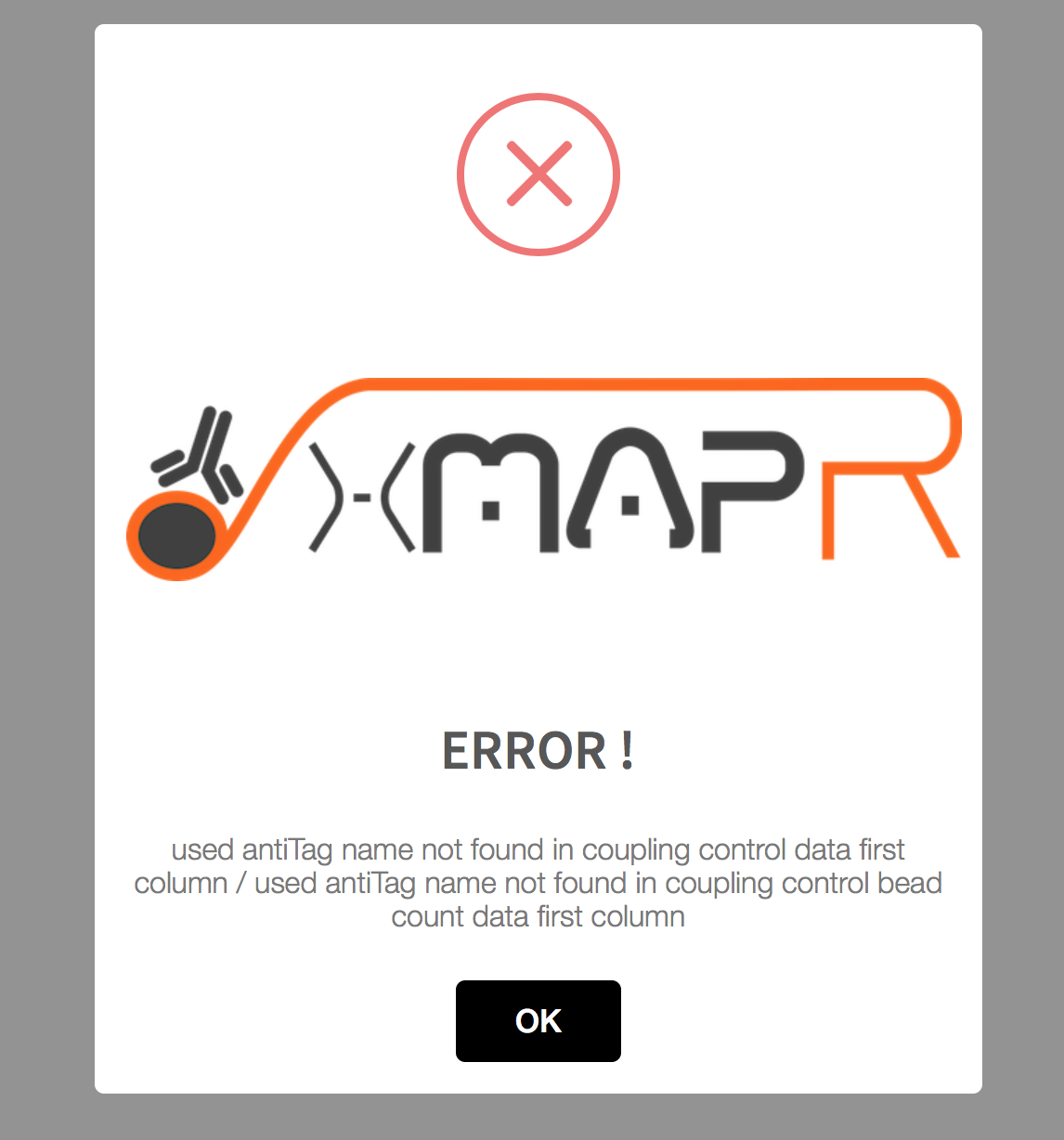 xMAPr anaylsis pipeline error pop-up (used antiTag name was wrong) 
